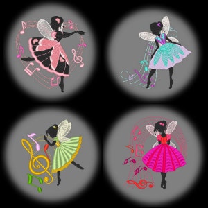DANCING FAIRIES (4 インチ) - 10 種類の機械刺繍デザイン、即時ダウンロード、4x4 フープ (AzEB)