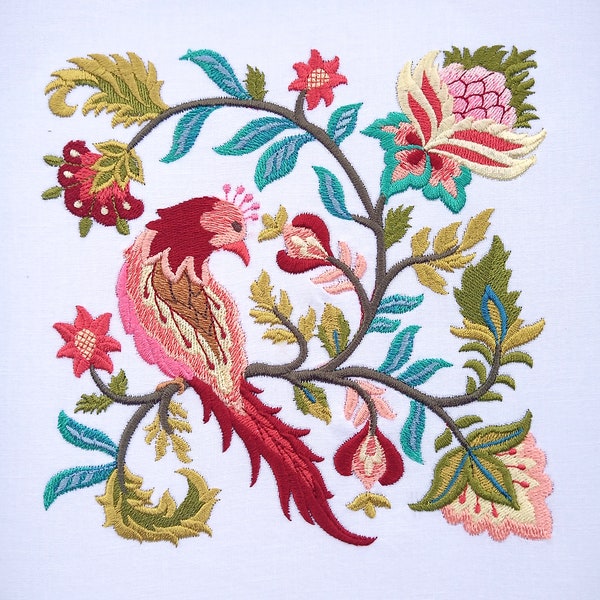 JACOBEAN BIRD and FLOWER Square #1 - Machine Embroidered Quilt Block (AzEB)