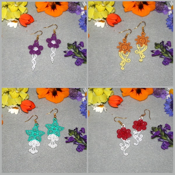 FSL SPRING FLOWER Earrings (2 inch) (free standing lace)- 10 Machine Embroidery Designs Instant Download 4X4 hoop (AzEB)