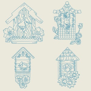 May include: Four blue embroidered birdhouse designs with floral accents. Each birdhouse has a different style and features a bird inside.
