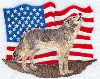 WOLF & U.S. FLAG - Machine Embroidered Quilt Block (AzEB)