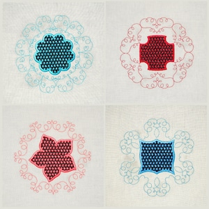 May include: Four embroidered designs on a white fabric background. The designs are in a square shape with a circular pattern around the edges. The designs are a blue flower, a red cross, a red flower, and a blue square.