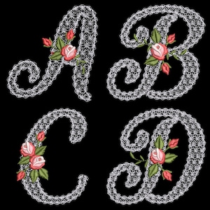LACY ROSE ALPHABET (3.88in)- 26 Machine Embroidery Designs Instant Download 4X4 hoop (AzEB)(This is Not fsl (free standing lace)