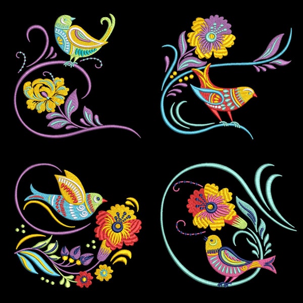 FOLK ART BIRDS (4inch) - 10 Machine Embroidery Designs Instant Download 4X4 hoop (AzEB)