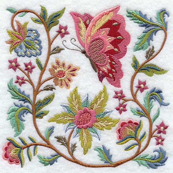 JACOBEAN BUTTERFLY and FLOWER Square #2 - Machine Embroidered Quilt Block (AzEB)