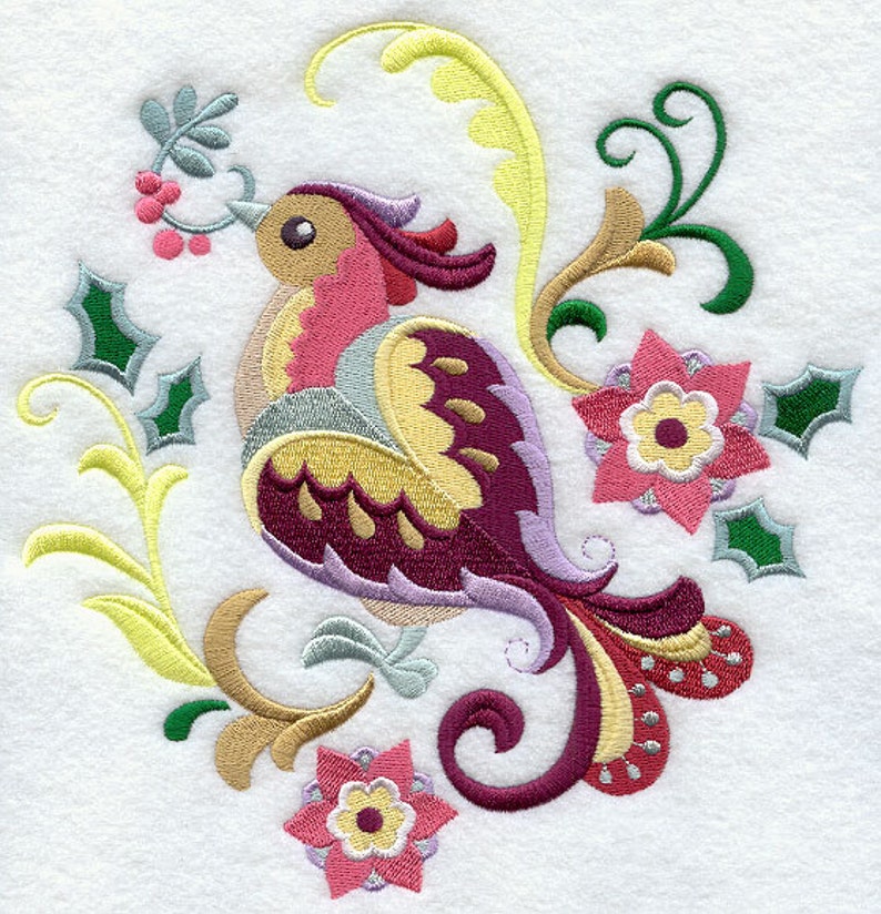 SUZANI CHRISTMAS BIRD Berries Machine Embroidered Quilt BlocksAzEB image 1