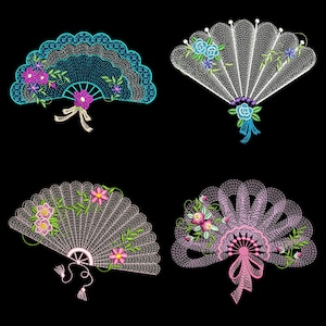 May include: Four embroidered lace fans with floral designs. The fans are in different colours, including blue, white, and pink.