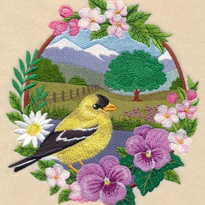 GOLDFINCH - SPRING MEADOW with Tree- - Machine Embroidered Quilt Blocks (AzEB)
