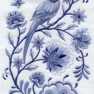DELFT BLUE BIRD On Flowered Branches - Machine Embroidered Quilt Blocks (AzEB)