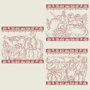 May include: Three embroidered designs featuring a bird and pumpkins. The top design has a bird perched on a pumpkin with a sunflower behind it. The middle design has a bird perched on a pumpkin with a gourd beside it. The bottom design has a bird perched on a pumpkin with a gourd and a wooden crate behind it.
