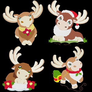 Peut inclure: Quatre rennes de dessin animé avec une fourrure brune, des bois et des accents rouges. Un renne porte un chapeau de Père Noël, un autre porte un cadeau et deux portent des colliers rouges avec du houx.