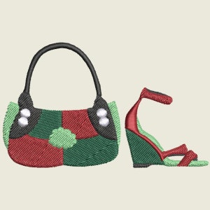 May include: A red, green and black patchwork handbag with a black handle and a matching wedge heel sandal.