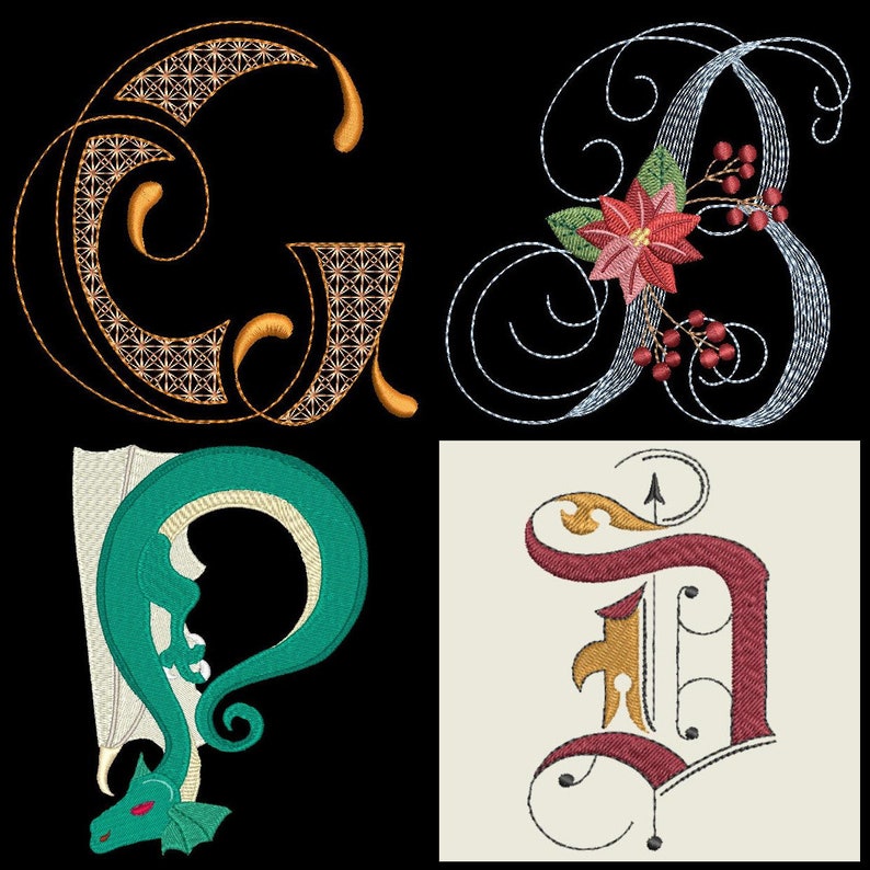 May include: Four embroidered letters, G, B, P, and D, each with a unique design. The G is orange and has a geometric pattern, the B is white with a floral design, the P is green with a dragon design, and the D is red with a medieval style.