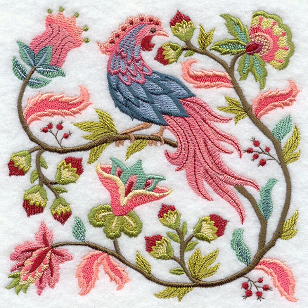 JACOBEAN BIRD and FLOWER Square #2 - Machine Embroidered Quilt Block (AzEB)