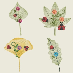 May include: Four embroidered designs featuring leaves with ladybugs and flowers. The leaves are in shades of green and yellow, with red ladybugs and pink, orange, and blue flowers.