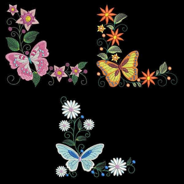FLUTTERBY CORNERS (6inch) - 10 Machine Embroidery Designs Instant Download 6x6 hoop (AzEB)