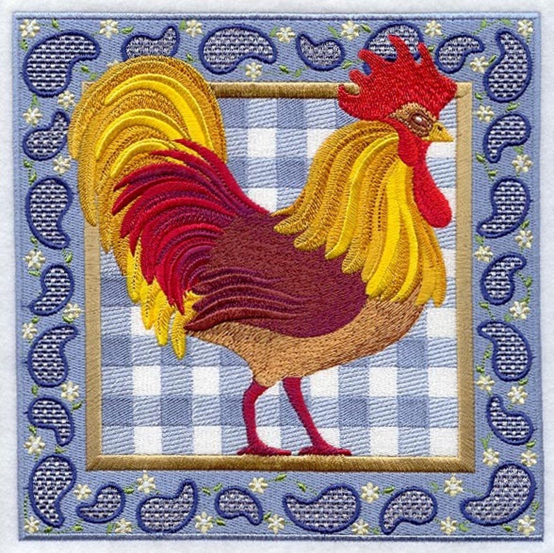 GINGHAM PAISLEY ROOSTER Machine Embroidered Quilt Block Etsy