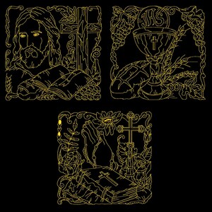 Può includere: Tre illustrazioni dorate di immagini religiose. La prima immagine mostra un uomo con la barba che tiene un libro. La seconda immagine mostra un calice con un'ostia e una croce. La terza immagine mostra una croce, un libro e una mano che tiene un rosario.