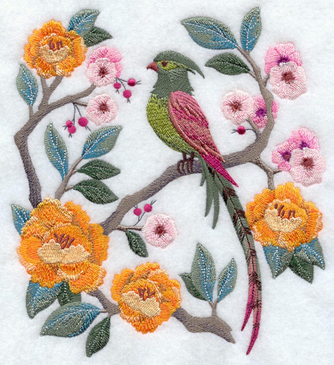 Broderie Crewel Vintage Scène De Ferme Avec Grange Et Oiseaux Bleus - Bon état