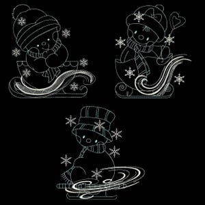 May include: Three white line art illustrations of snowmen on a black background. Each snowman is wearing a hat and scarf, and is in a sled. Snowflakes are scattered around the snowmen. The illustrations are in a winter theme.