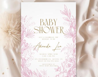 Może przedstawiać: Białe zaproszenie na baby shower z różowymi ilustracjami kwiatowymi i złotym tekstem. Tekst brzmi "Baby Shower", "Let's Celebrate the Mommy to Be", "Amanda Lea", "Sunday April 12th 1:00-4:00 PM", "121 Anywhere in Austin, TX", "RSVP to 552.555.1234", "Registered at Sweet Baby Boutique".
