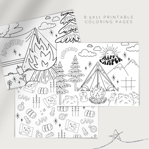 Puede incluir: Un conjunto de tres páginas para colorear imprimibles con temas de campamento. La primera página presenta una tienda de campaña, una fogata y árboles con el texto "OUTDOORSY". La segunda página presenta una tienda de campaña, una fogata y montañas con el texto "HAPPY CAMPER". La tercera página presenta un patrón repetitivo de artículos relacionados con el campamento, incluidas tiendas de campaña, brújulas, linternas y la palabra "CAMP".