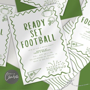 May include: White invitation cards with a green wavy border and football-themed illustrations. The text "READY SET FOOTBALL" is displayed in green, along with event details. The Canva logo is visible in the bottom left corner.