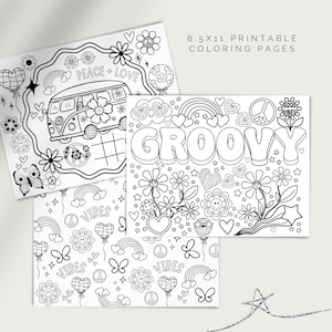 May include: Three black and white printable colouring pages with a groovy 70s theme. The pages feature a vintage van, flowers, peace signs, rainbows, hearts, and the word "groovy".