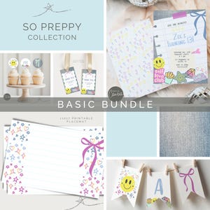 May include: A printable party pack with a preppy theme. The pack includes a placemat, invitation, cupcake toppers, favour tags, and a banner. The design features a smiley face, hearts, stars, and the text "Zoe's Turning 13!" and "Self Love Club".