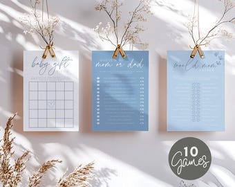 May include: A set of ten printable baby shower games with blue and white designs. The games include "Baby Gift Bingo", "Guess Who: Mom or Dad", and "Would Mom Rather".