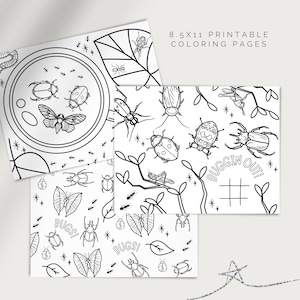 May include: Three printable colouring pages featuring various bugs, including ladybugs, beetles, butterflies, and ants. The pages are titled "Bugs!" and "Buggin' Out!"