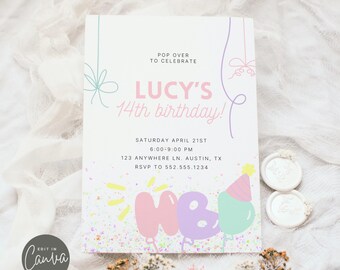 May include: A birthday invitation with the text "LUCY'S 14th birthday!" in pink. The invitation includes the date, time, and location. Decorative elements include pastel balloons and confetti. The Canva logo is in the bottom left corner.