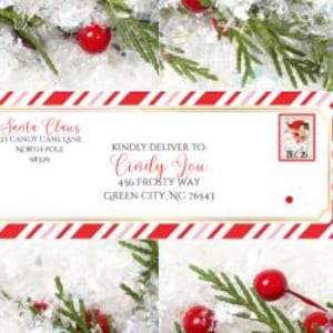 May include: A festive Christmas-themed envelope with a red and white candy cane border. The envelope is addressed to Cindy You, with a Santa Claus postmark. The background features snowy textures and sprigs of greenery with red berries.