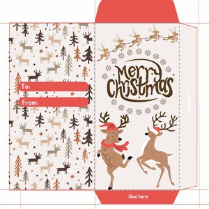 Op de afbeelding: Een printbare kerstkaart met een rood-wit kleurenschema. De kaart heeft een feestelijk ontwerp met rendieren, sneeuwvlokken en de tekst "Merry Christmas".