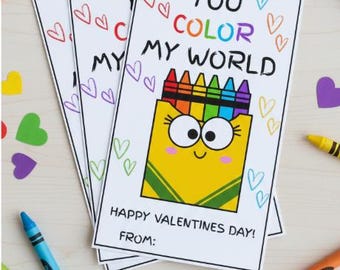 Coloring School Valentines Printable Girl | You Color My World Valentine | Classroom Valentine Card | Kids Valentine Download