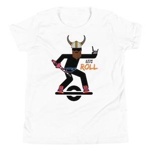 May include: White t-shirt featuring a cartoon Viking riding a one-wheel electric skateboard. The Viking is wearing a horned helmet, has a beard, and is holding a pink and red object. The text "LETS ROLL" is in orange.