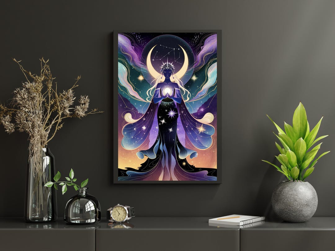 Mystical Goddess Wall Art | Digital Cosmic Print With Crescent Moon ...