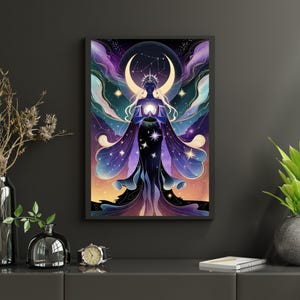 Mystical Goddess Wall Art | Digital Cosmic Print With Crescent Moon