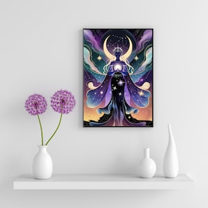 Mystical Goddess Wall Art | Digital Cosmic Print With Crescent Moon