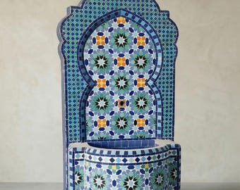 Handmade Moroccan Water Fountain | Zellige Mosaic Tiles | Wall Feature | Boho Patio Garden Decor