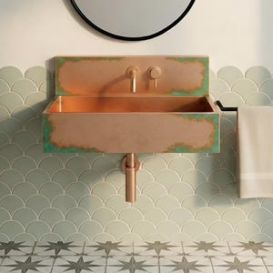 Bathroom Sink Copper Rectangular Verdigris Border | Towel Bar Integrated | Modern Wall Mounted