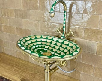 Moroccan Wall-Mounted Sink Emerald Green Ivory Fish Scale | Handmade Brass Bracket Bathroom Basin | Artisan Luxury Sink | Boho Maximalist