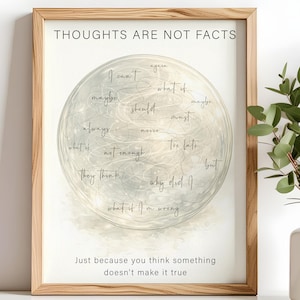 May include: A framed wall art print featuring the text THOUGHTS ARE NOT FACTS at the top and Just because you think something doesn't make it true at the bottom. A central circular graphic contains swirling lines and handwritten phrases like I can't.
