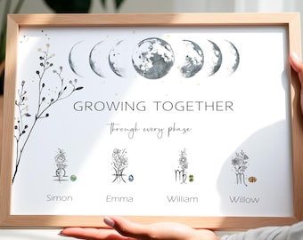Impresión familiar "Creciendo juntos": Arte mural familiar personalizado con fases lunares, zodiaco y piedra de nacimiento, póster de regalo personalizado