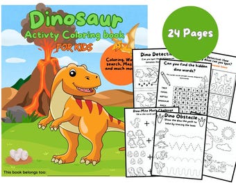 Książka z aktywnościami o dinozaurach, Kolorowanka o dinozaurach, Nauka o dinozaurach, Pakiet, Natychmiastowe pobieranie, Gry dla dzieci, Kolorowanka do wydrukowania, Edukacyjne