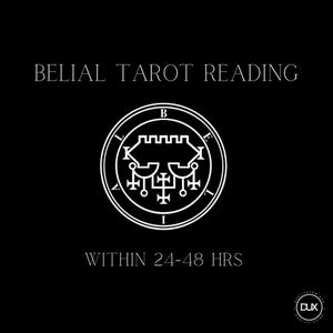 May include: A black background with white text and a circular emblem. The text reads "BELIAL TAROT READING" and "WITHIN 24-48 HRS." The emblem features a detailed design with the letters "B", "L", "I", and "E" around the perimeter.