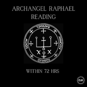 Op de afbeelding: Zwarte achtergrond met witte tekst en een cirkelvormig embleem. De tekst luidt "AARTSENGEL RAPHAEL LEZING" en "BINNEN 72 UUR". Het embleem bevat een kruis, symbolen en de woorden "AGIOS", "RAPHAEL", "ADONAY" en "OTHEOS".