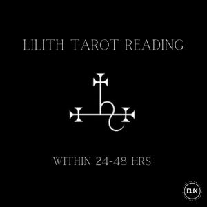 Può includere: Sfondo nero con testo bianco e un sigillo. Il testo recita "LILITH TAROT READING" sopra il sigillo e "WITHIN 24-48 HRS" sotto. Un piccolo logo si trova nell'angolo in basso a destra.