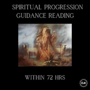 Peut inclure: Une peinture représentant trois femmes en robes blanches et dorées flottantes, debout dans un champ avec deux moutons blancs. Les femmes tiennent une fleur blanche et un cœur rouge. La peinture est intitulée "Spiritual Progression Guidance Reading" et le texte "Within 72 Hrs" est sous l'image.
