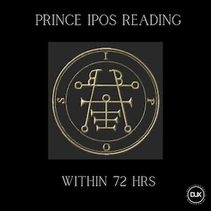 May include: A black and gold sigil with the letters "ISPO" and "P" around the outside. The sigil is surrounded by a circle with the letter "I" at the top and "O" at the bottom. The text "PRINCE IPOS READING WITHIN 72 HRS" is above the sigil and the text "DUX" is below the sigil.